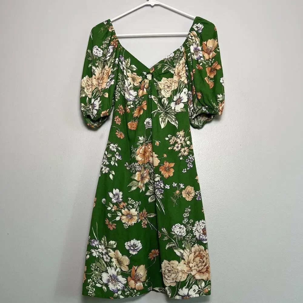 NWT Sim & Sam Dress Linen Blend Floral Sz S Ruffled Babydoll Vacation Green Boho